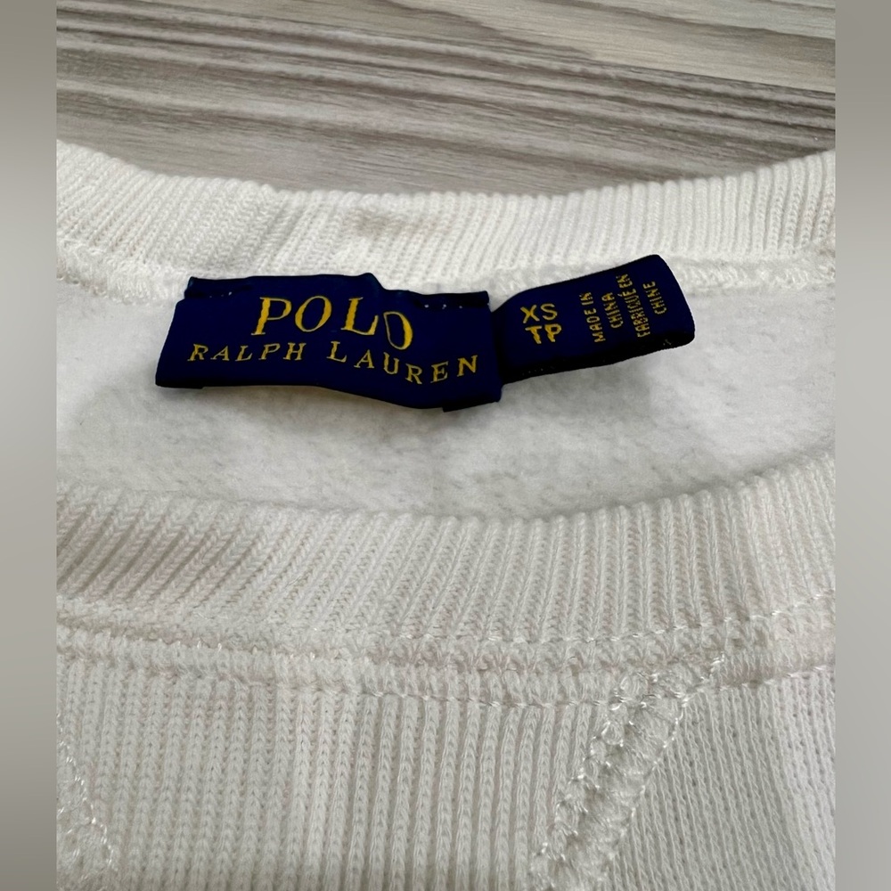 RALPH LAUREN Polo Women’s Sweatshirt with cable knit sleeves. White/Navy. XS EUC - Picture 4 of 7